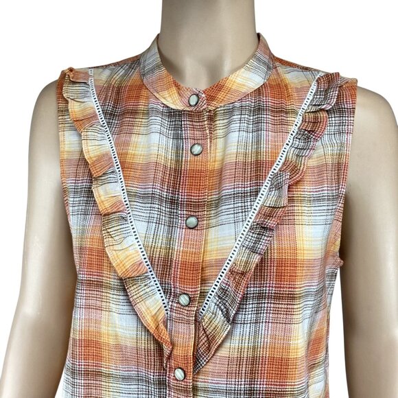 Lands End Blake Shelton Top Size Small NWT Sleeveless Plaid Orange White Ruffles - Picture 4 of 8